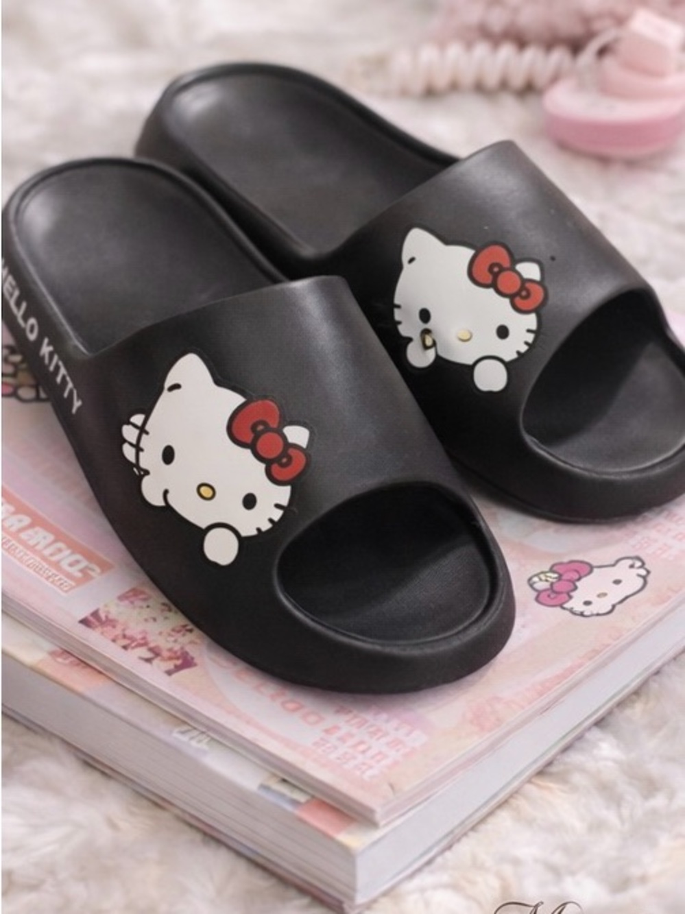 Hello Kitty Black Slides with White & Red Character Print